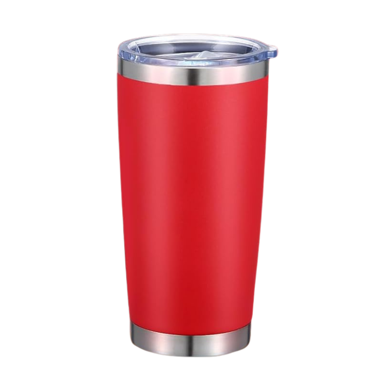Red insulated tumbler with silver lid on a white background