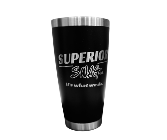 Black 20 oz tumbler laser engraved with the Superior Swag logo