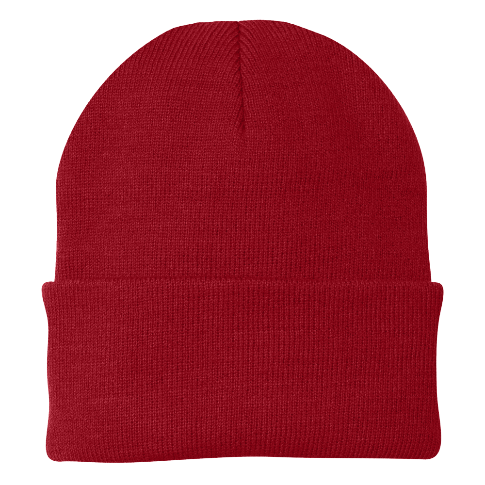 Red knit beanie on a white background