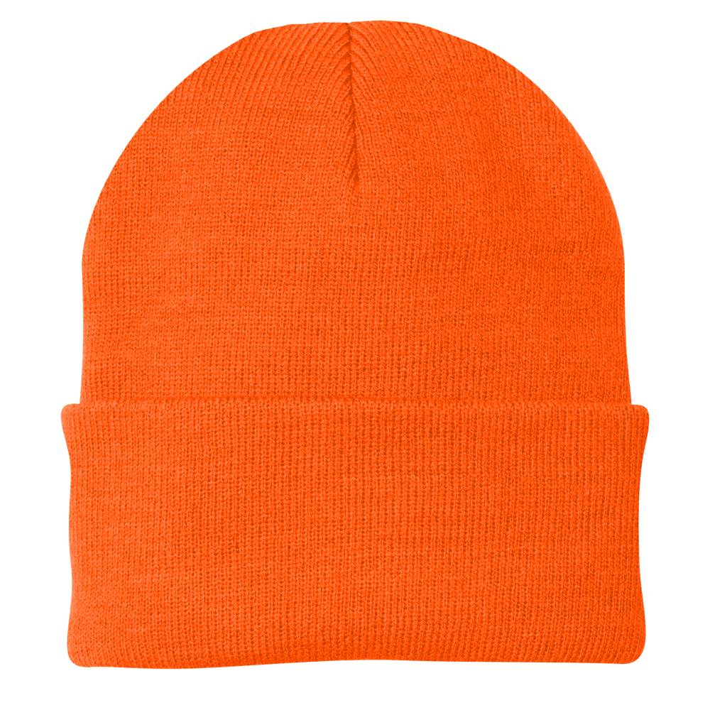 Orange knit beanie on a white background
