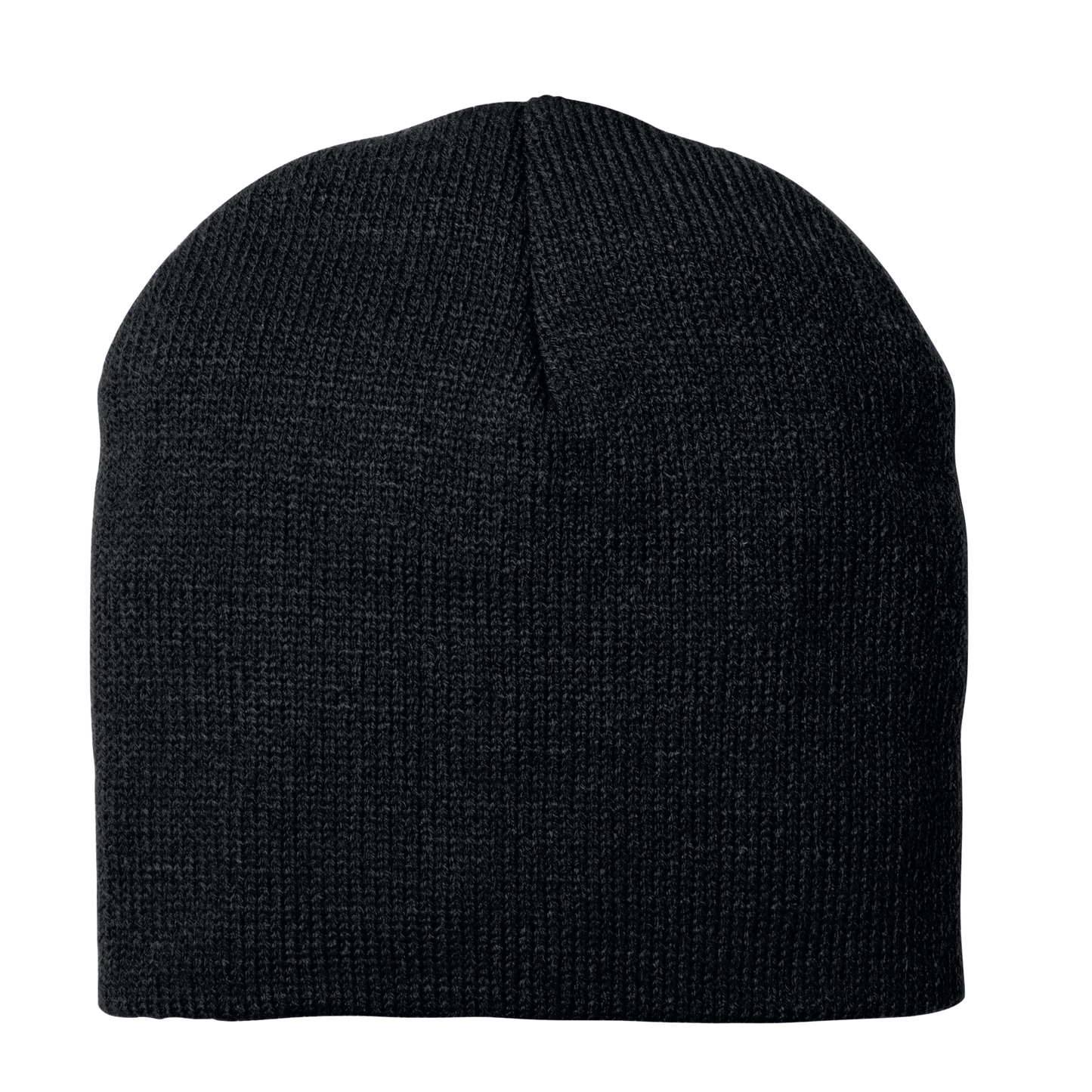 Black knit beanie on a white background