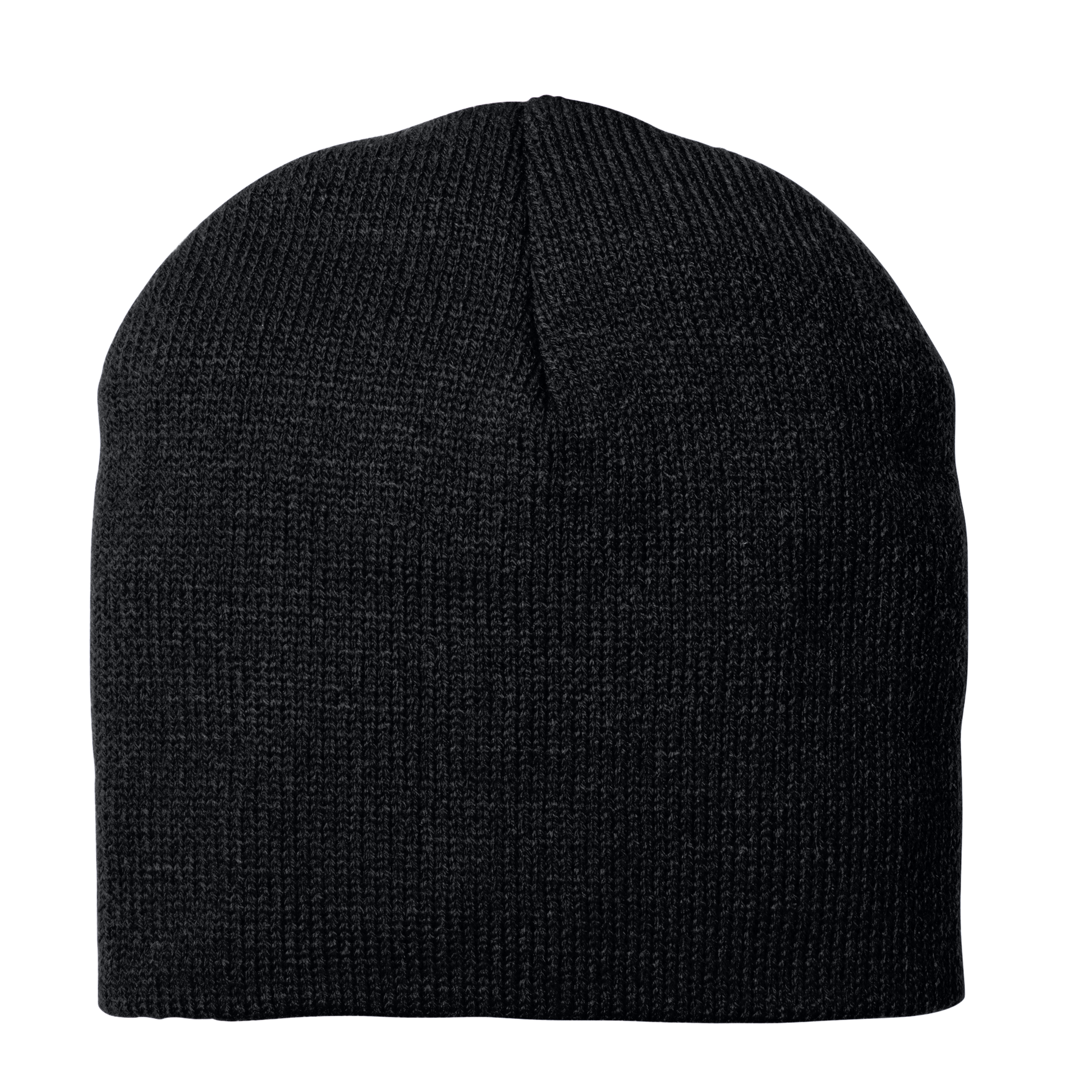 Black knit beanie on a white background