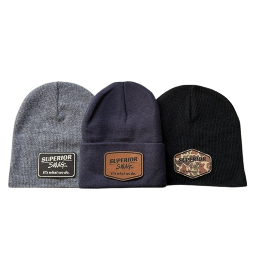Three custom patch beanies with the Superior Swag logo